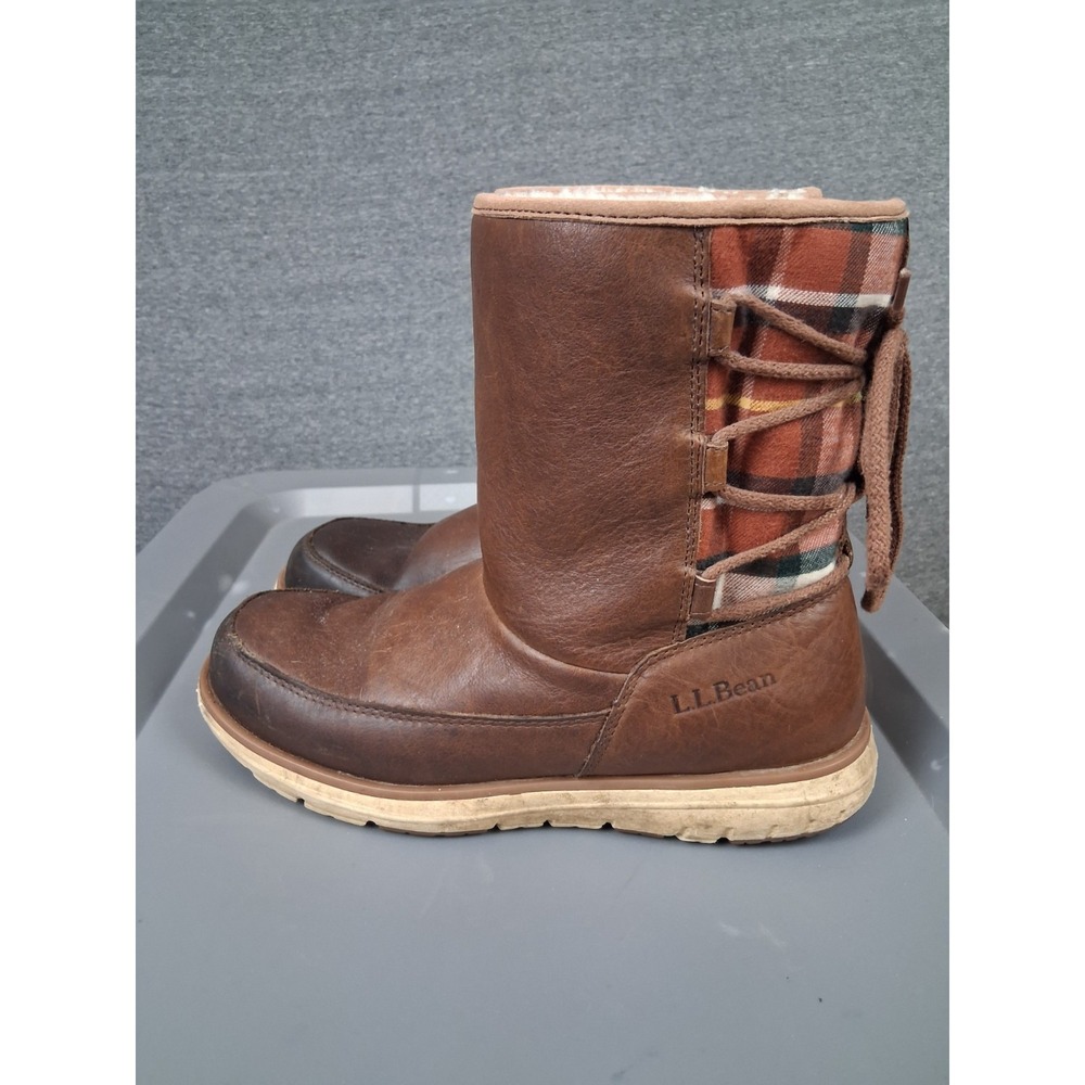 LL Bean Womens Boot 9 Brown Leather Shearling Sherpa Lined Muk Luk Plaid Lace Up